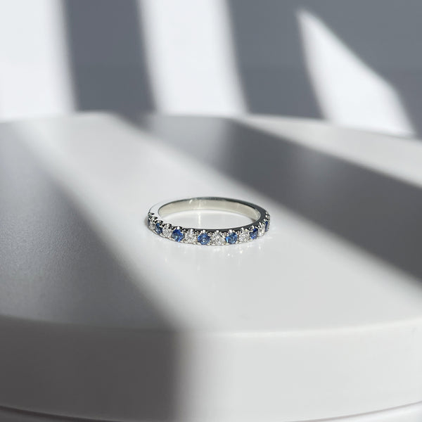 Diamond and sapphire wedding band, stacking ring, 14k white gold, made in canada, diamonds, blue sapphires, u cut pave, diamond ring