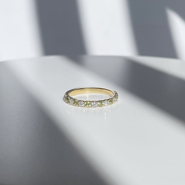 view from front, Diamond and sapphire wedding band, stacking ring, 14k yellow gold, made in canada, diamonds, green sapphires, french pave, diamond ring