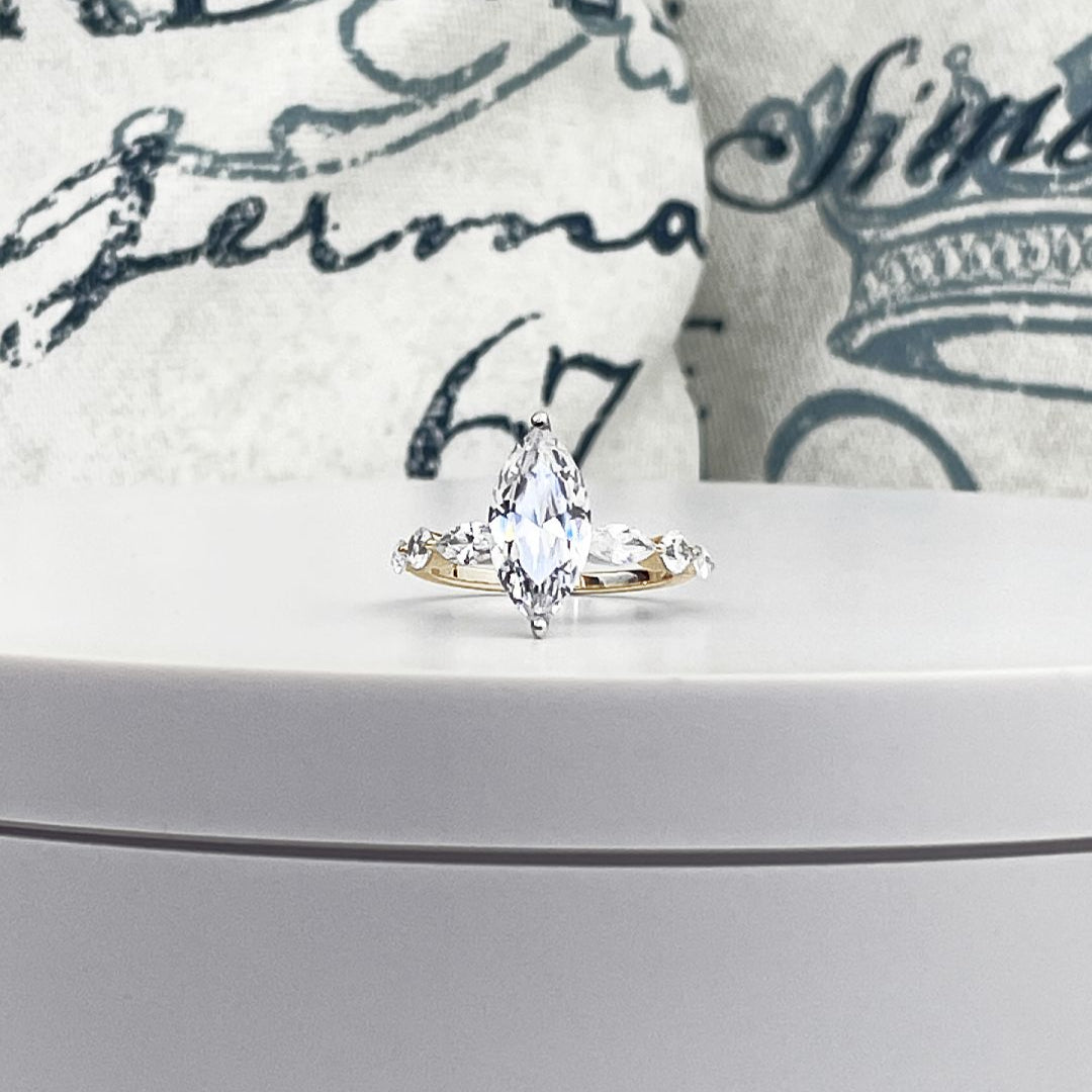 3ct, marquise diamond, 14k yellow gold, engagement ring, marquise accents diamonds, lab diamonds, wedding rings, proposals, engagements, bridal jewellery