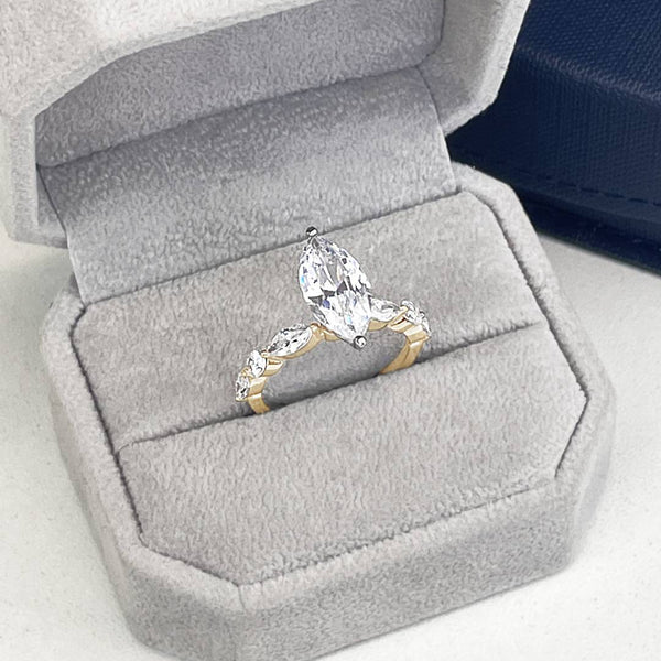 lab diamond engagement ring, marquise diamond, 3 carat, accent marquise lab diamonds, yellow gold, 14 karat gold, engagement ring, proposals, bridal jewellery