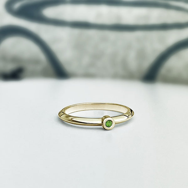 Knife edge stacking ring with Peridot  in solid 14K yellow gold. Customize this ring!