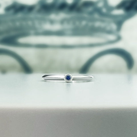 Knife edge stacking ring with natural blue sapphire. 2mm petite and dainty ring in sterling silver. Customize this ring! Choose your gem and metal. Solid gold 10k, 14k or 18k.