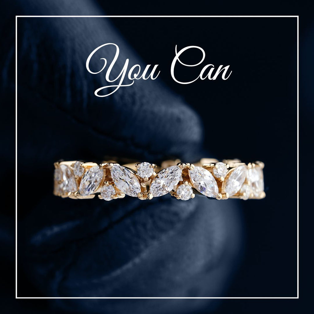 Diamond ring, marquise diamonds, eternity band, custom designed ring, custom-made, yellow gold, anniversary ring, diamond wedding band