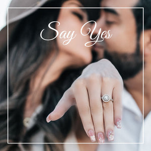 Custom engagement ring, diamond ring, diamond halo ring, diamonds, white gold, engagement photo, she said yes, say yes to custom, couple, engaged, proposal, marriage, wedding