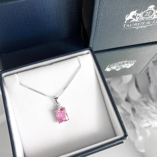 emerald cut, pink, pendant, necklace, 925, sterling silver, cubic zirconia, silver necklace, glam jewellery, elegant jewellery, classy, chic