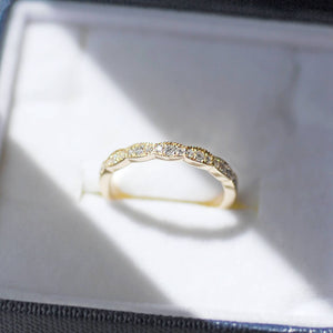14, yellow gold, diamond ring, milgrain, unique diamond ring, half-eternity band, marquise diamond ring, stacking ring, diamond sale, SI-1, F color, hand made